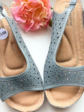 American Exchange Light Blue Laser-Cut Comfort Sandal 8.5W